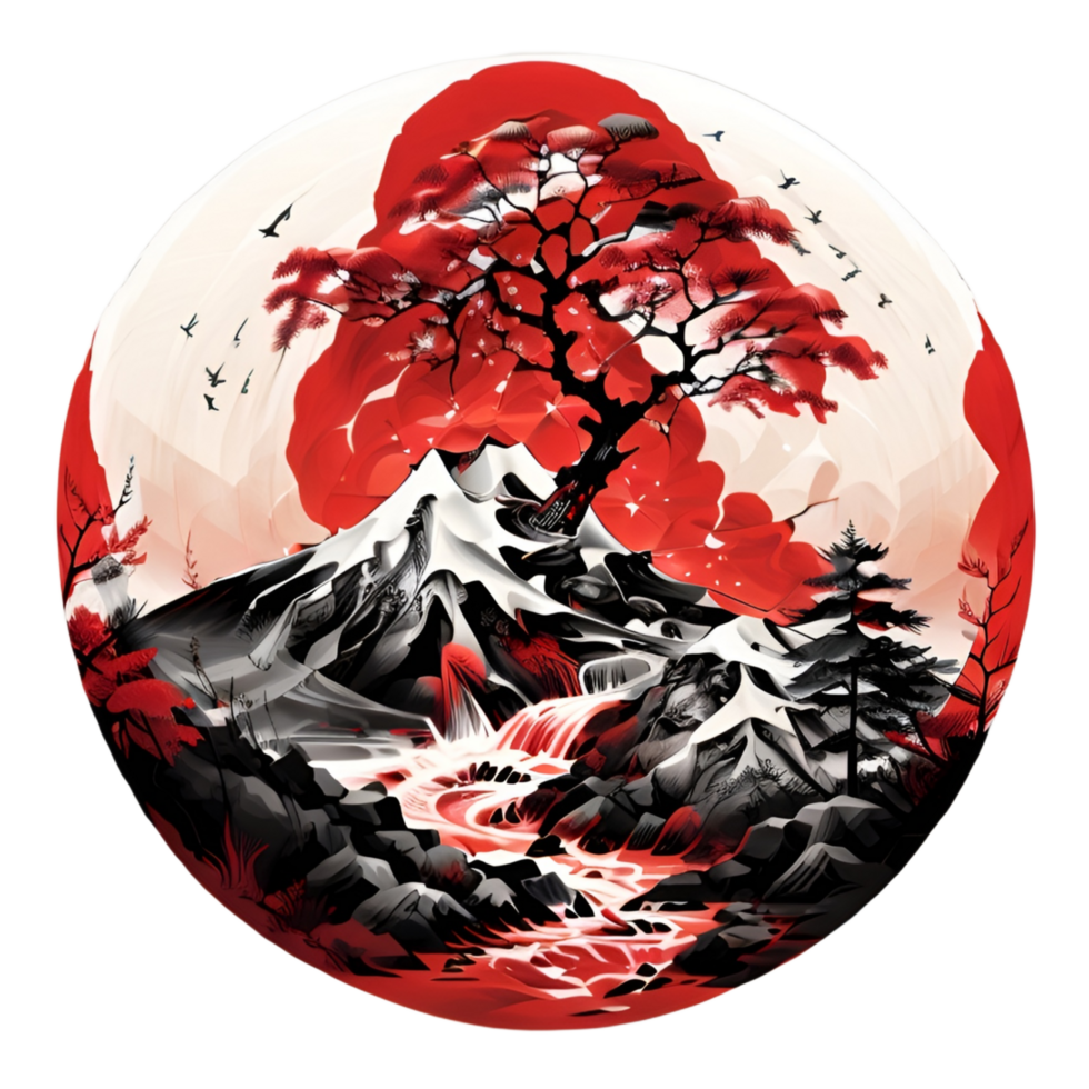 Japanese Style Mountain And Tree Sticker Ai Generative png