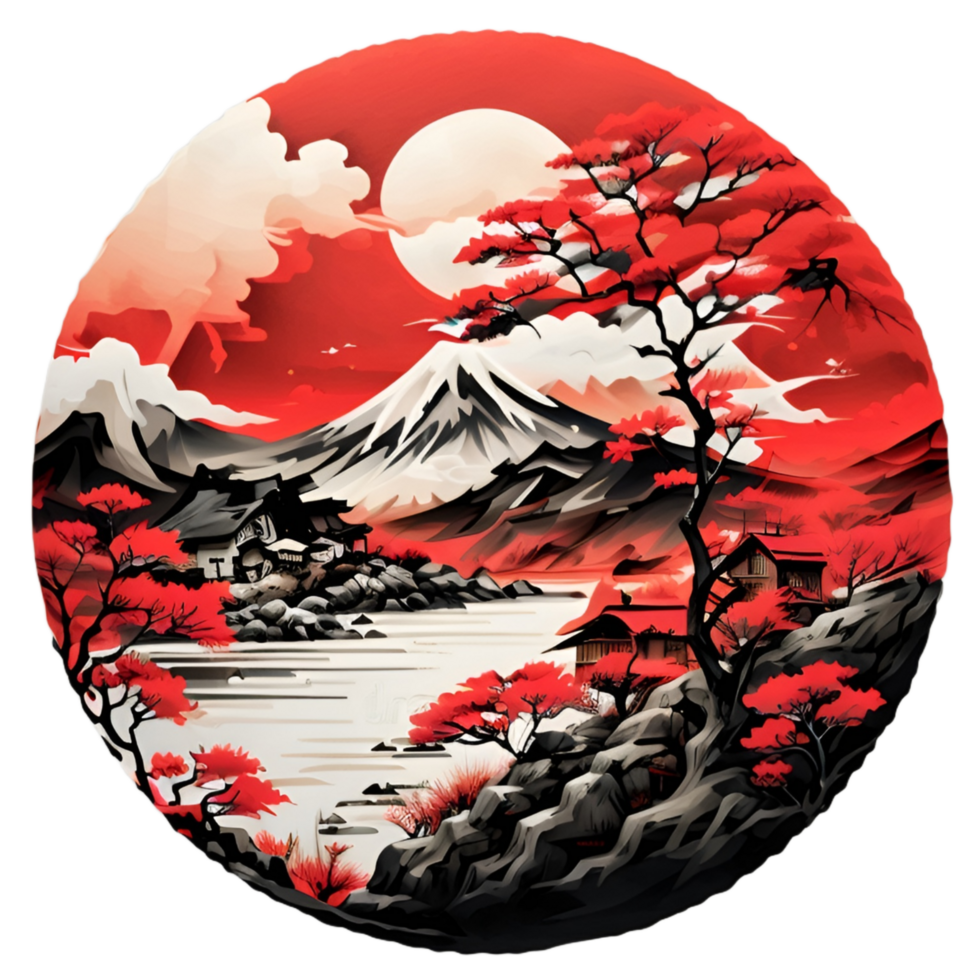 Japanese Style Mountain And Tree Sticker Ai Generative png
