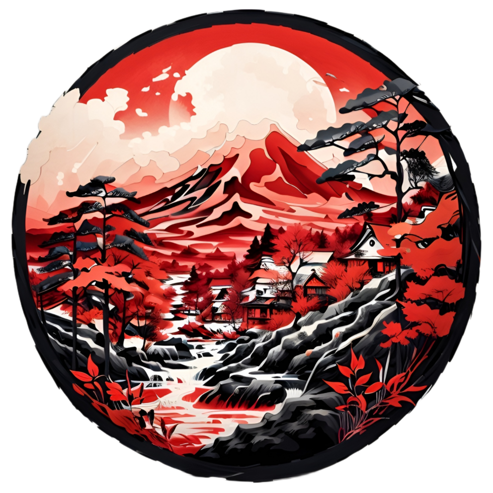 Japanese Style Mountain And Tree Sticker Ai Generative png