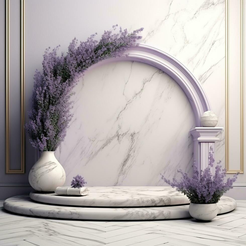 Light marble podium for goods with flowers and leaves. Generative AI photo