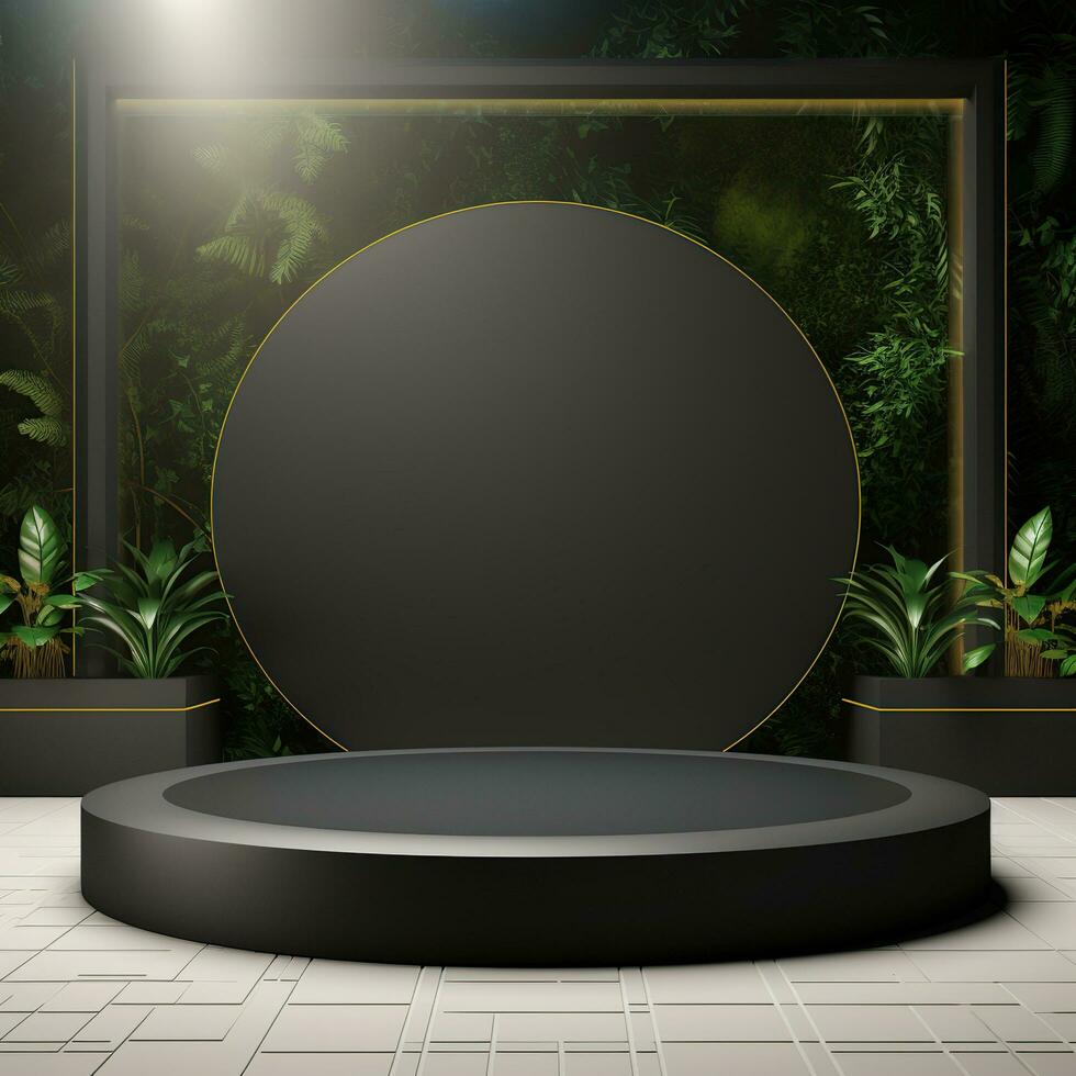 Empty round black podium, stage, pedestal for goods and objects. Minimalist stand. Generative AI photo