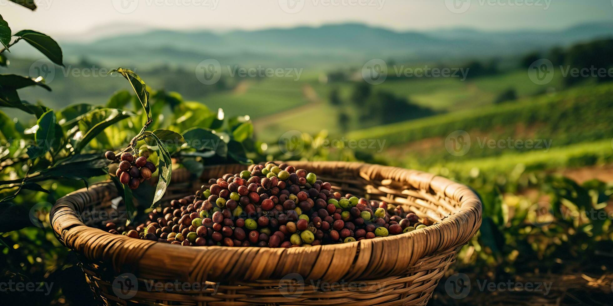 AI Generated. AI Generative. Coffee beans plantation nature outdoor landscape. Graphic Art photo