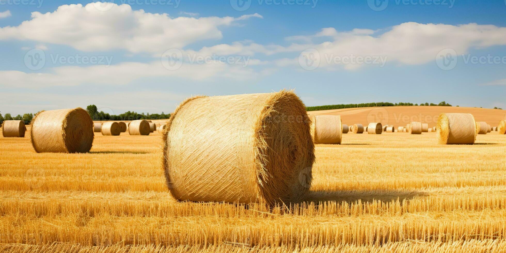 AI Generated. AI Generative. Autumn countryside harvest farming round bales stack. Outdoor nature landscape. Graphic Art photo