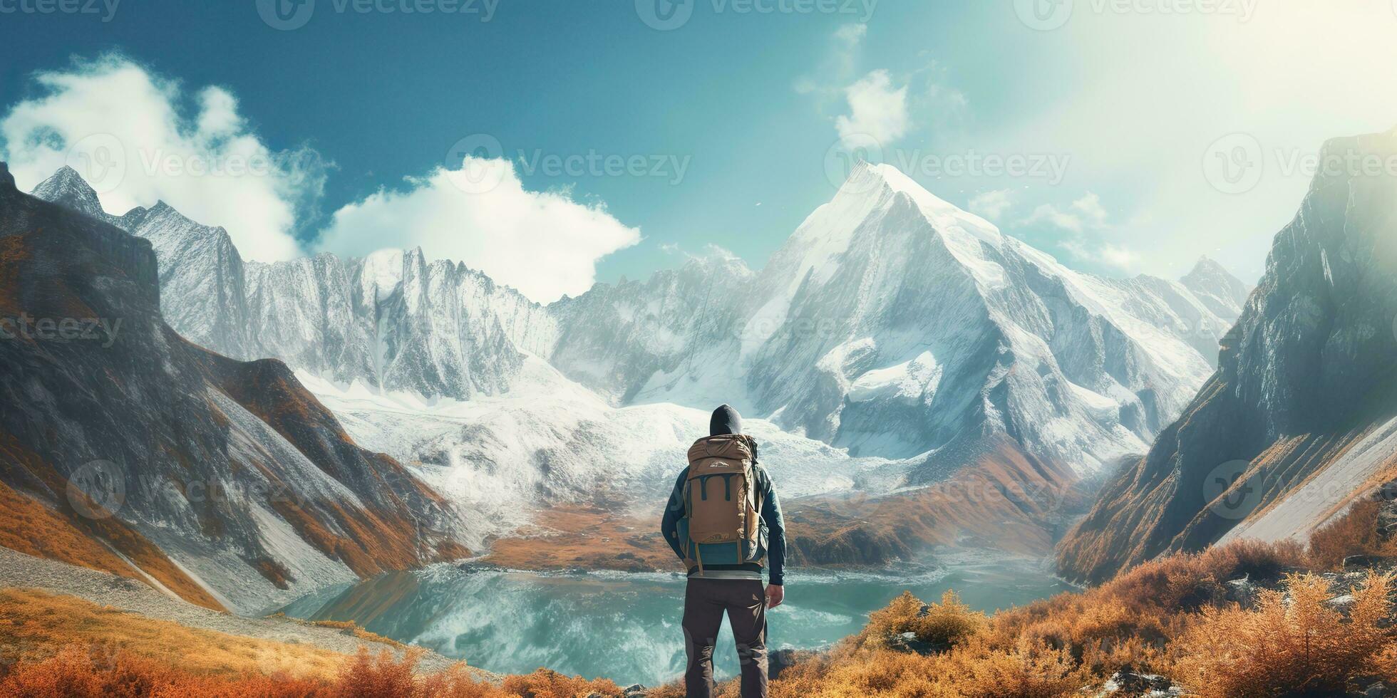 AI Generated. AI Generative. Backpacker alone man at high peak mountain adventure outdoor nature inspiration background. Graphic Art photo