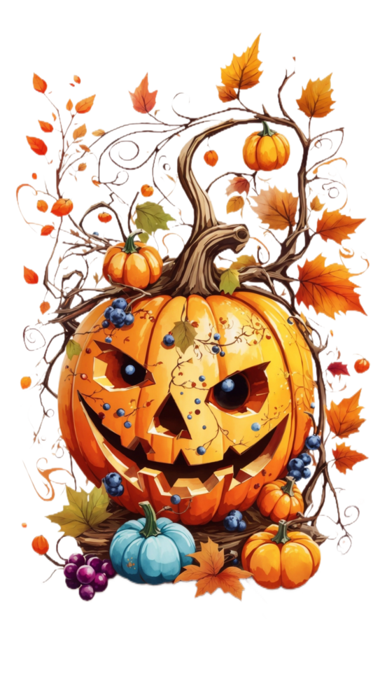 Sticker Halloween Pumpkin Smiling Forest AI Generative png