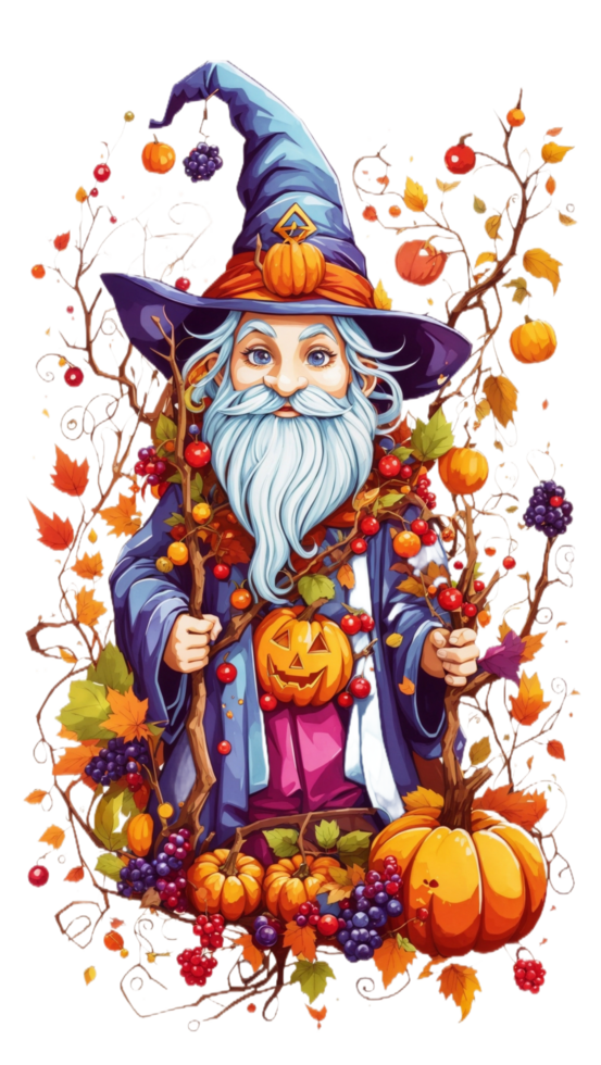 magisch Halloween Magier Gießen gespenstisch Zauber mit ein Kürbis Hut ai generativ png