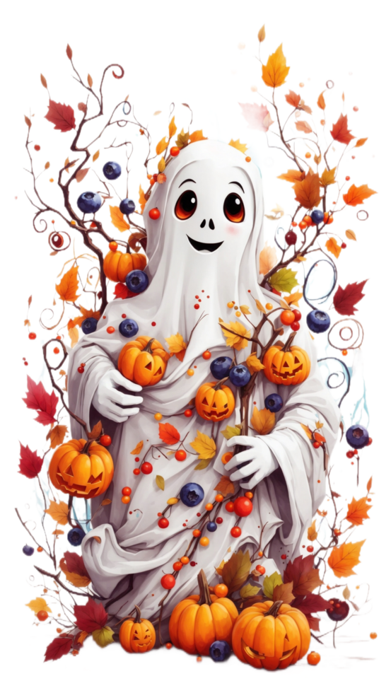 Sticker Creepy Halloween Cartoon Funny Ghost and Scary Witch Hat in Dark Night transparent background AI Generative png