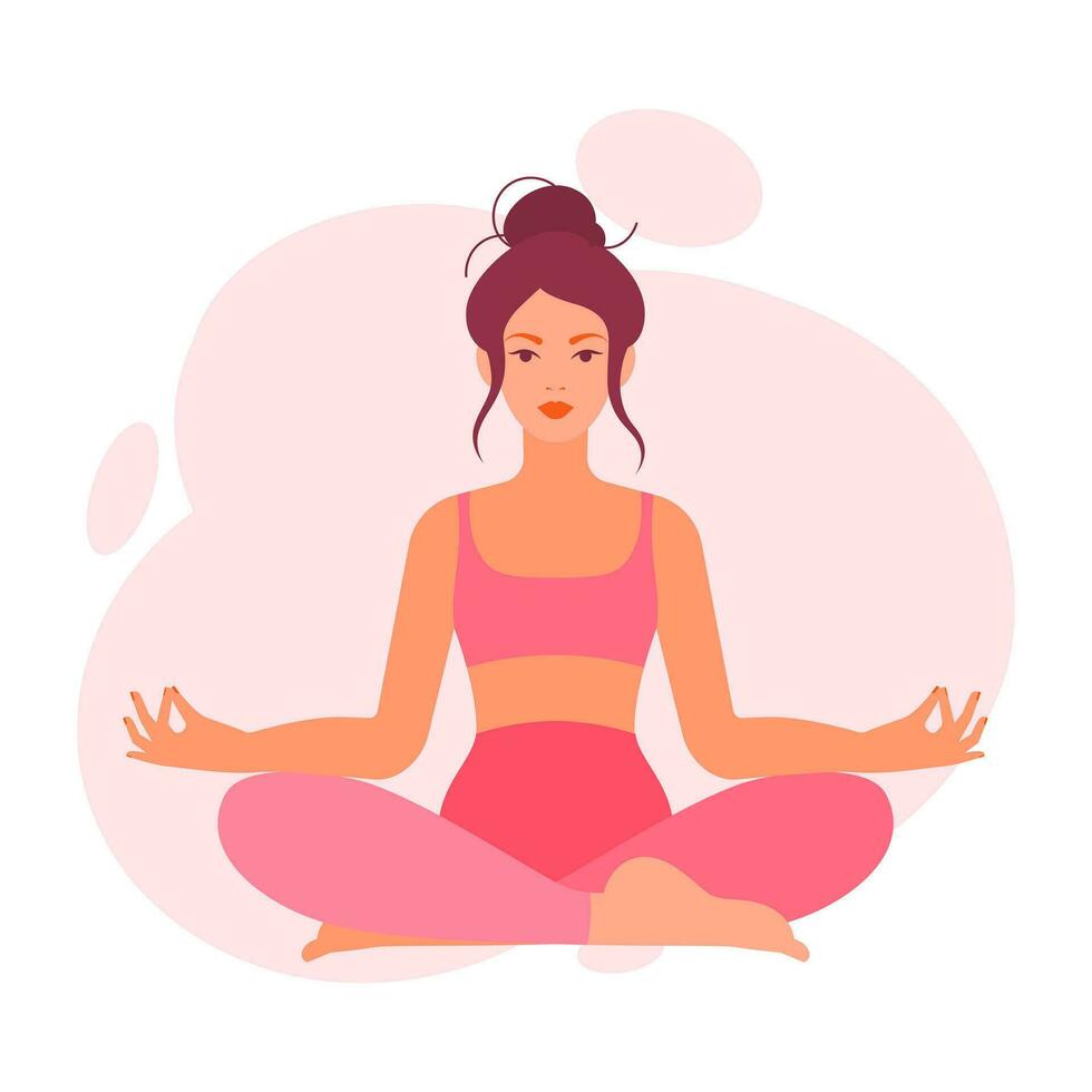 Calm woman with crossed legs meditating in yoga lotus position. Meditation practice. Zen and harmony concept. Colored flat vector illustration on white background