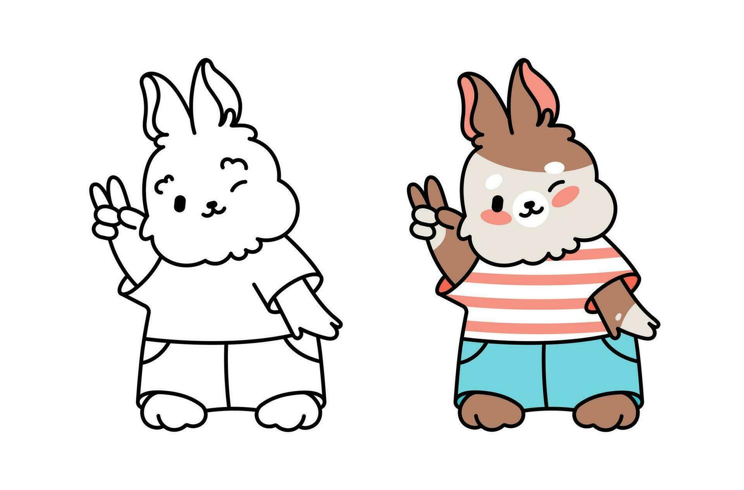 Coloring book for children with color sample, example. Boy bunny, bunny, hare smiling in a T-shirt and shorts. vector