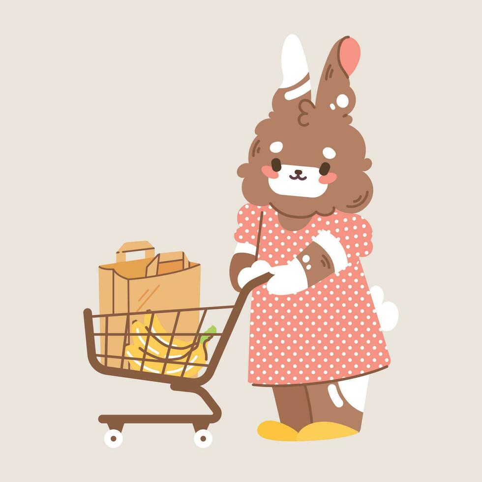 mamá Conejo con un compras cesta, plátanos, papel bolsa. linda vector ilustración para Tienda ventas.