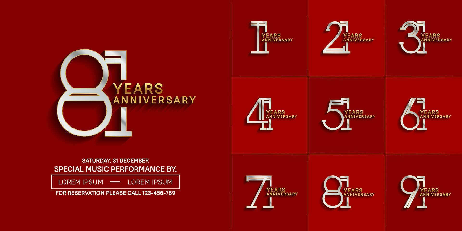 set of anniversary glossy silver and gold color with red background for special celebration event vector