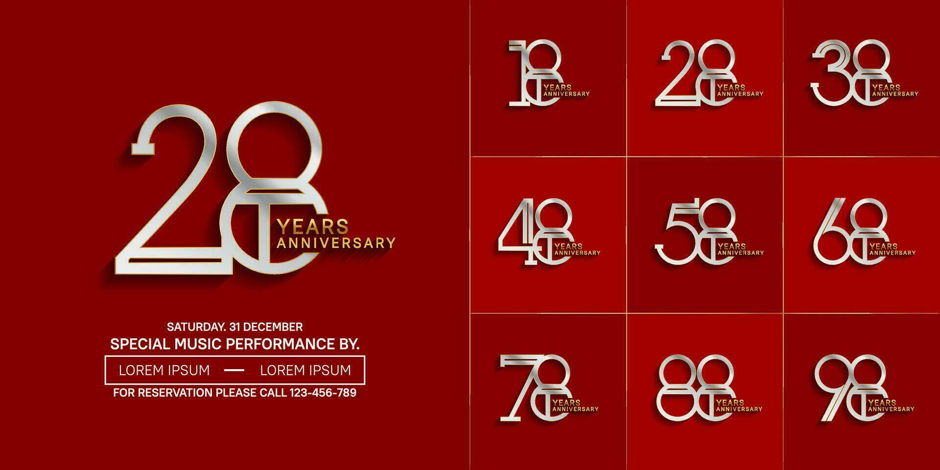 set of anniversary glossy silver and gold color with red background for special celebration event vector