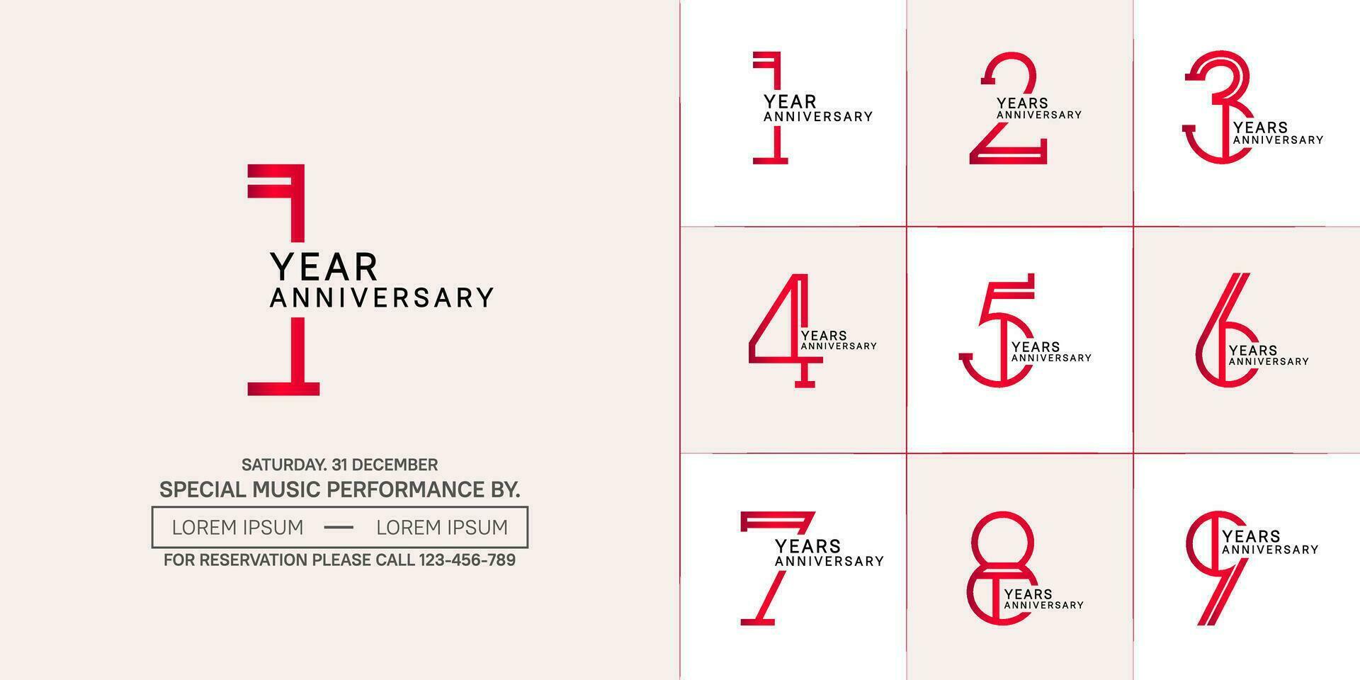 set of anniversary flat red and black color with soft color background for special celebration event vector