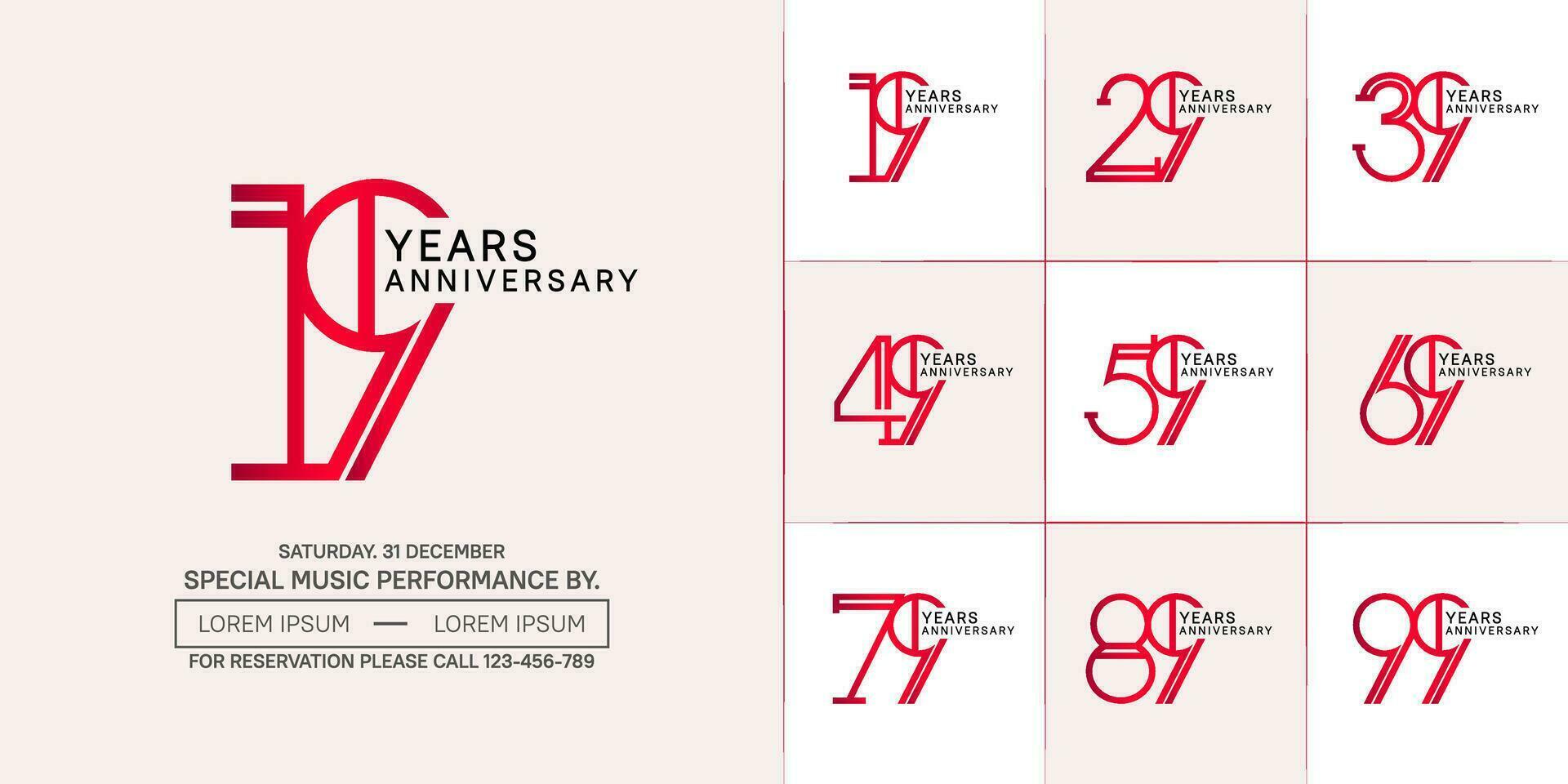 set of anniversary flat red and black color with soft color background for special celebration event vector