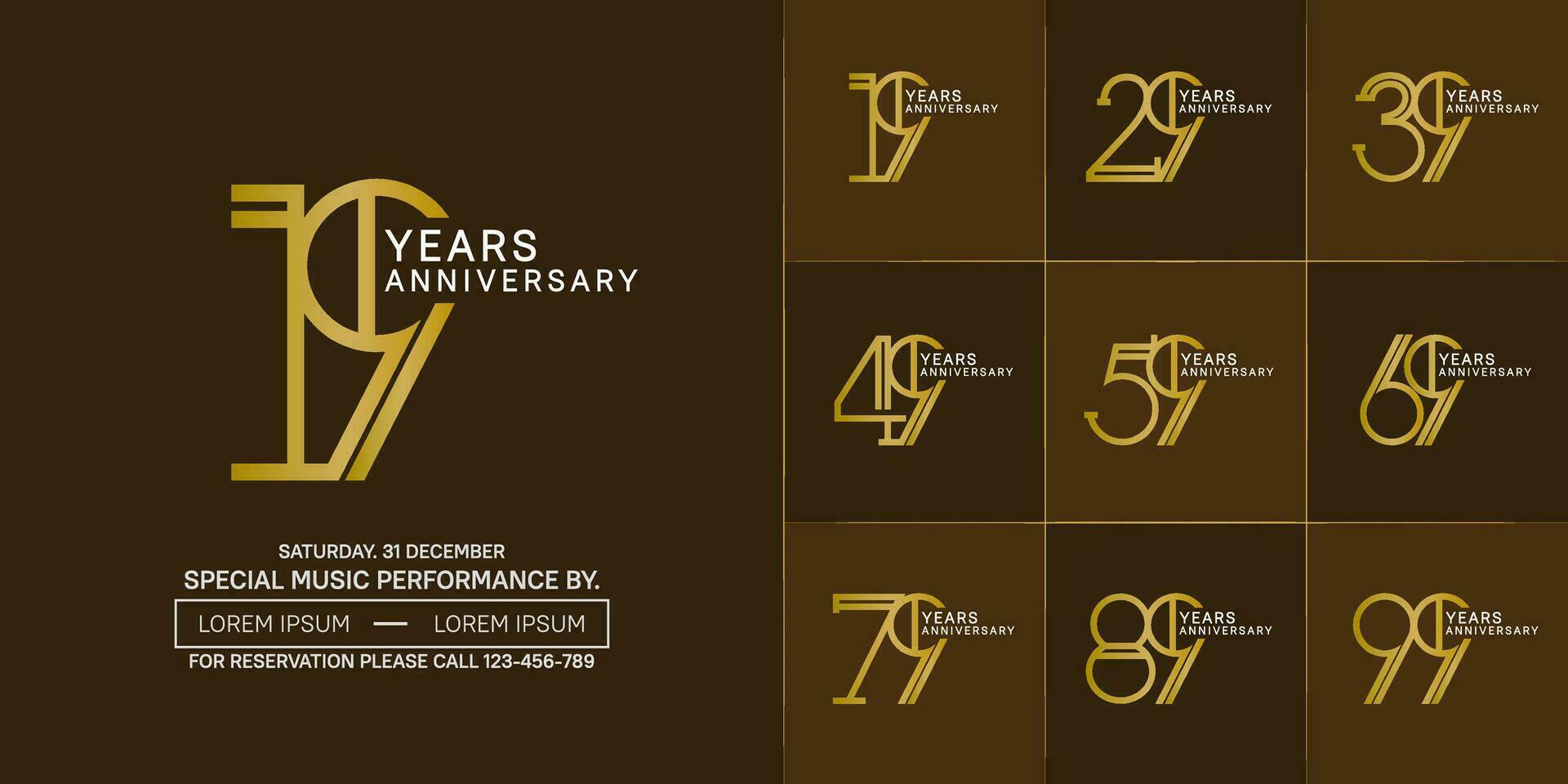 set of anniversary golden and white color with brown color background for special celebration event vector