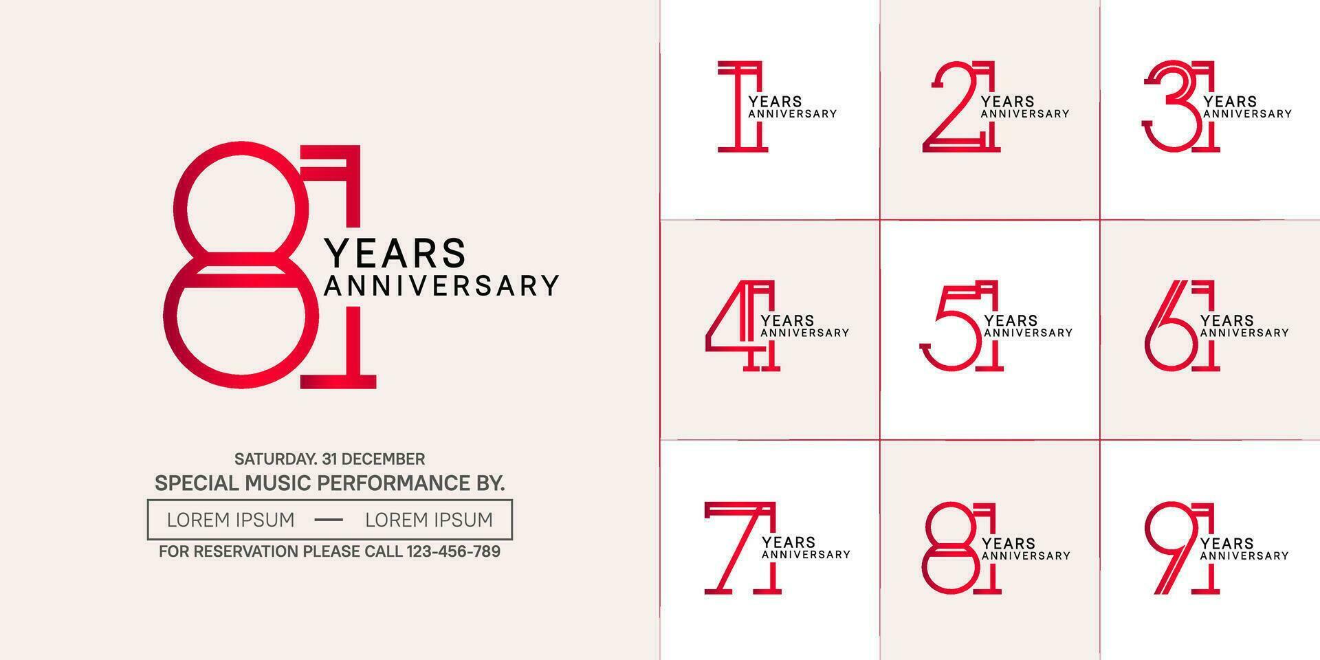 set of anniversary flat red and black color with soft color background for special celebration event vector