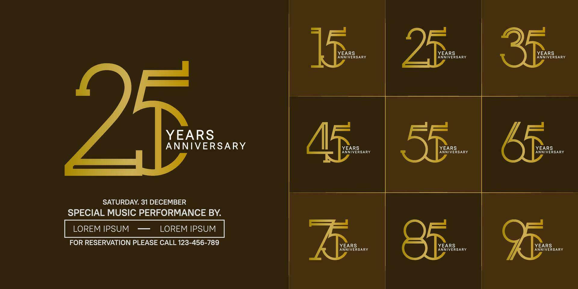 set of anniversary golden and white color with brown color background for special celebration event vector