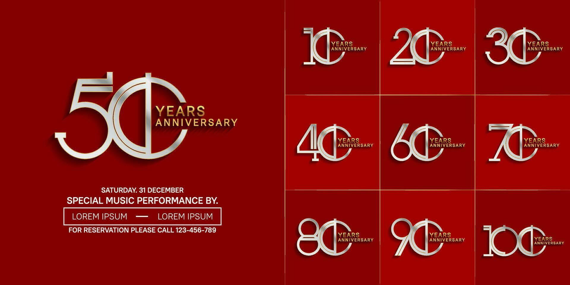 set of anniversary glossy silver and gold color with red background for special celebration event vector