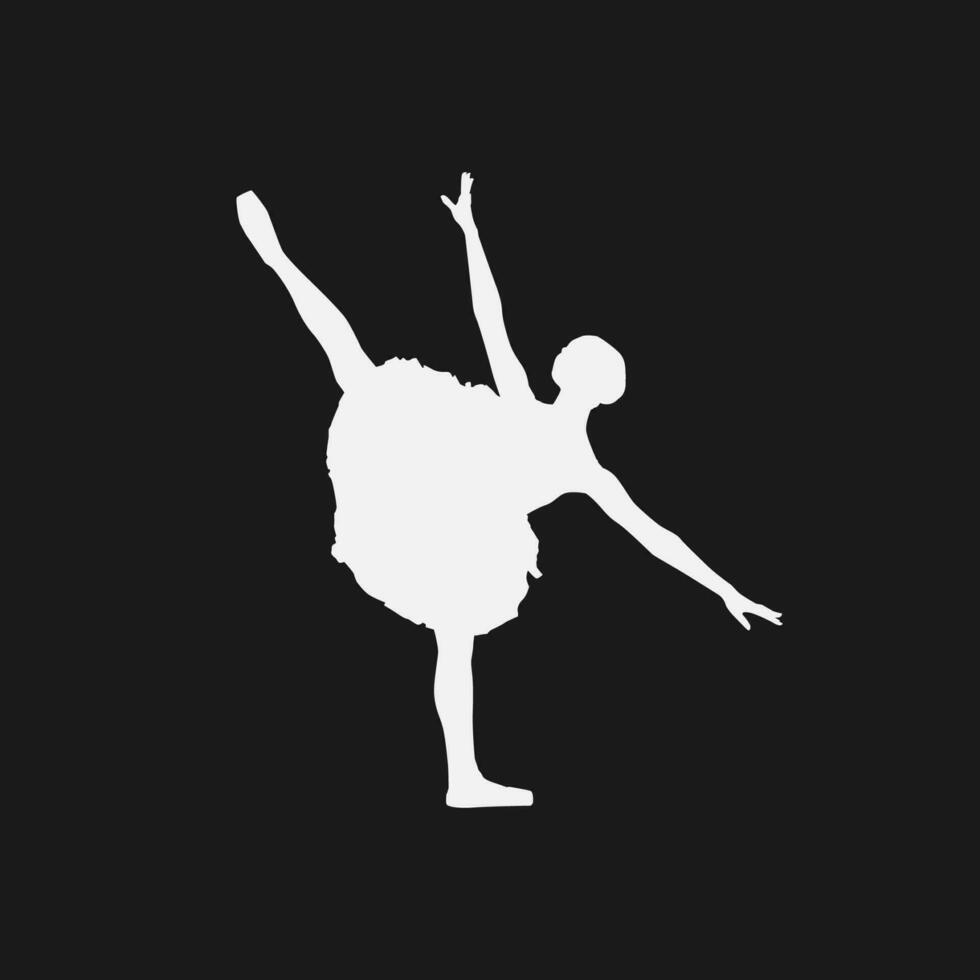 High details of ballerina silhouette. Minimal symbol and logo of sport. Fit for element design, background, banner, backdrop, cover, logotype. Isolated on black background. Vector Eps 10