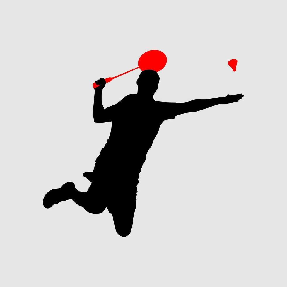 High details of badminton player silhouette. Minimal symbol and logo of sport. Fit for element design, background, banner, backdrop, cover, logotype. Isolated on black background. Vector Eps 10