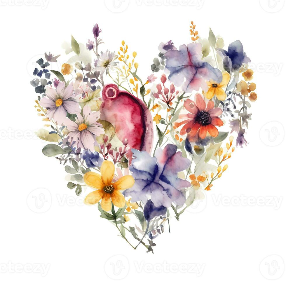 Watercolor Beautiful Flowers forming Heart Love Floral Clipart photo