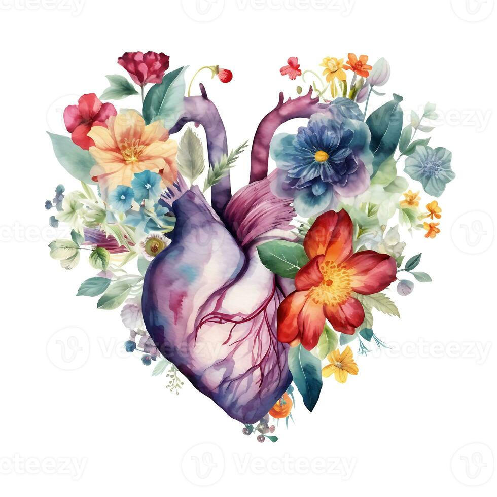 Watercolor Beautiful Flowers forming Heart Love Floral Clipart photo