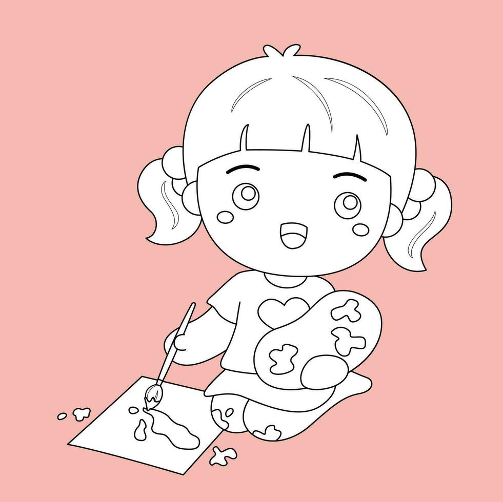 Cute Kids Crafting and Painting Activity School Cartoon Digital Stamp Outline vector