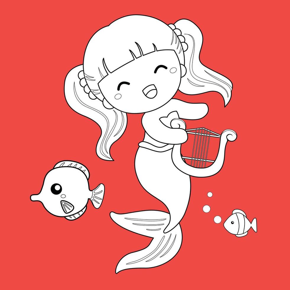 Cute Beautiful Mermaid Cartoon Digital Stamp Outline vector