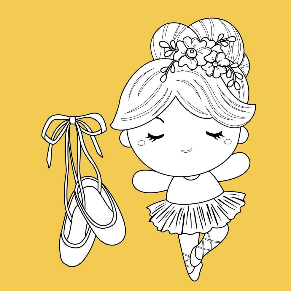 Cute Beautiful Littel Ballerina Doing Ballet Sport is Fun Cartoon Digital Stamp Outline vector
