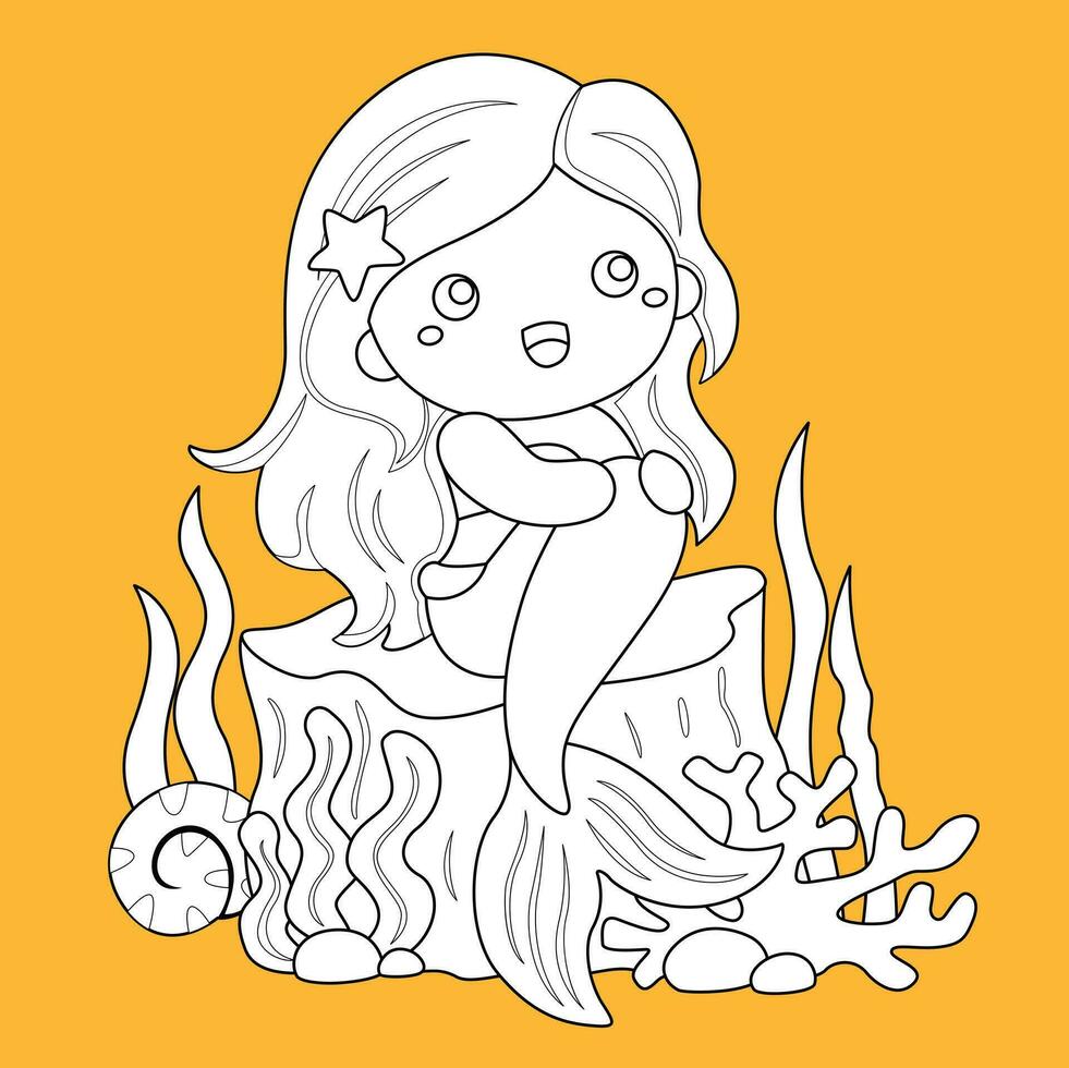 linda hermosa sirena dibujos animados digital sello contorno vector