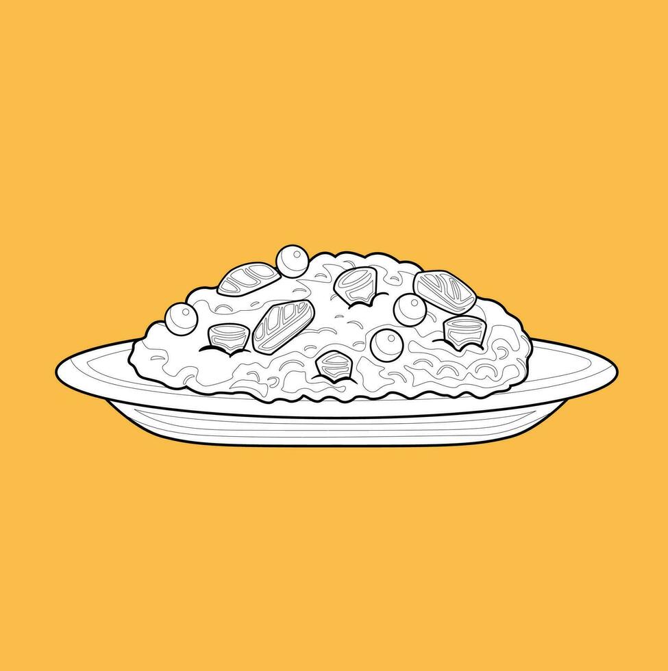 linda frito arroz almuerzo menú comida dibujos animados digital sello contorno vector