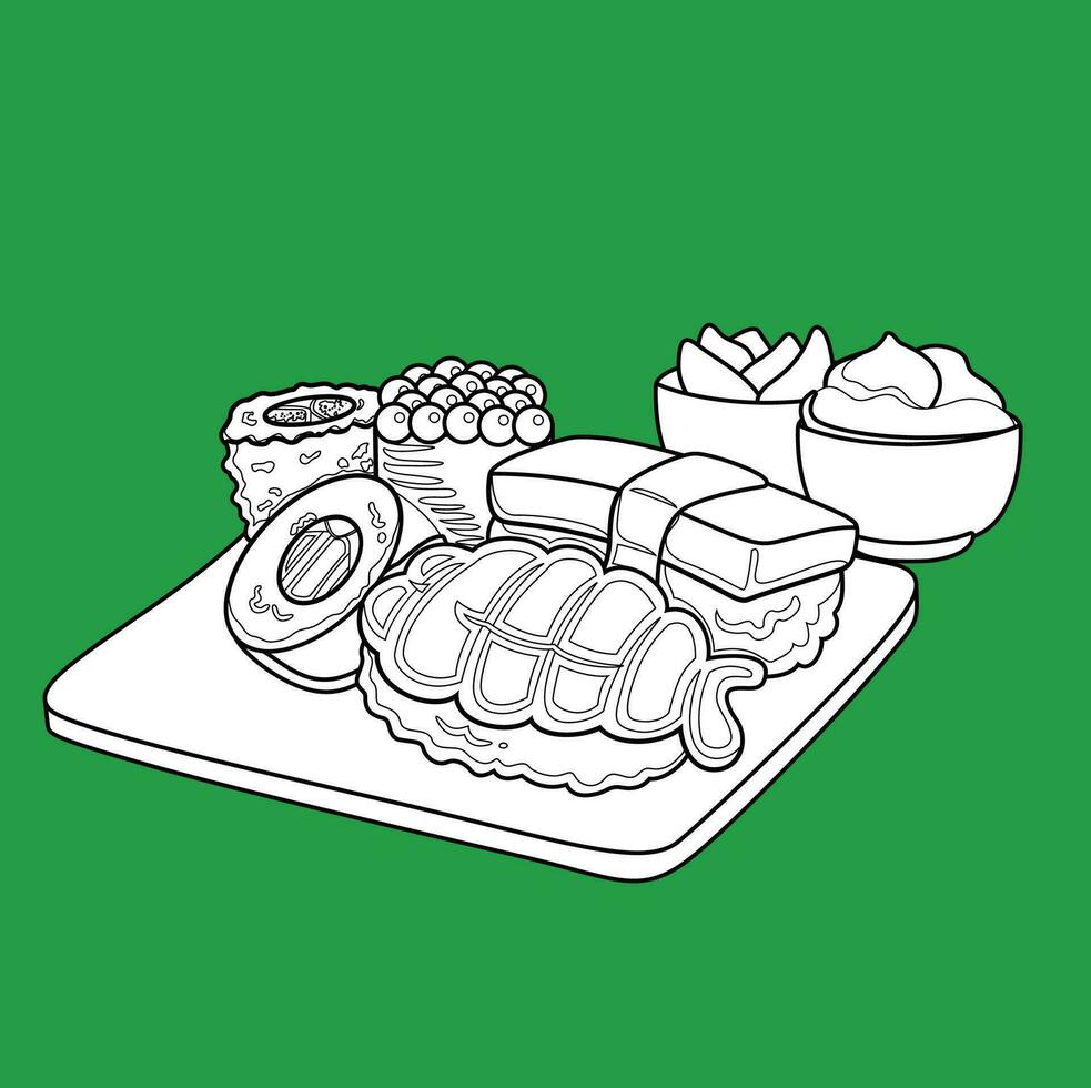 Cute Sushi Platter Japanese Food Cartoon DIgital Stamp Outline vector