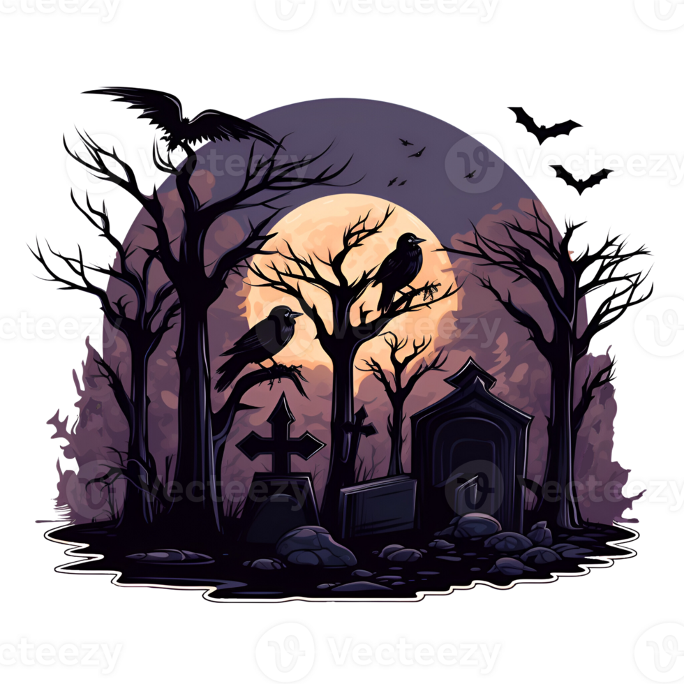 Cartoon Style Raven Halloween Raven on the Graveyard No Background Perfect for Print on Demand Merchandise AI Generative png