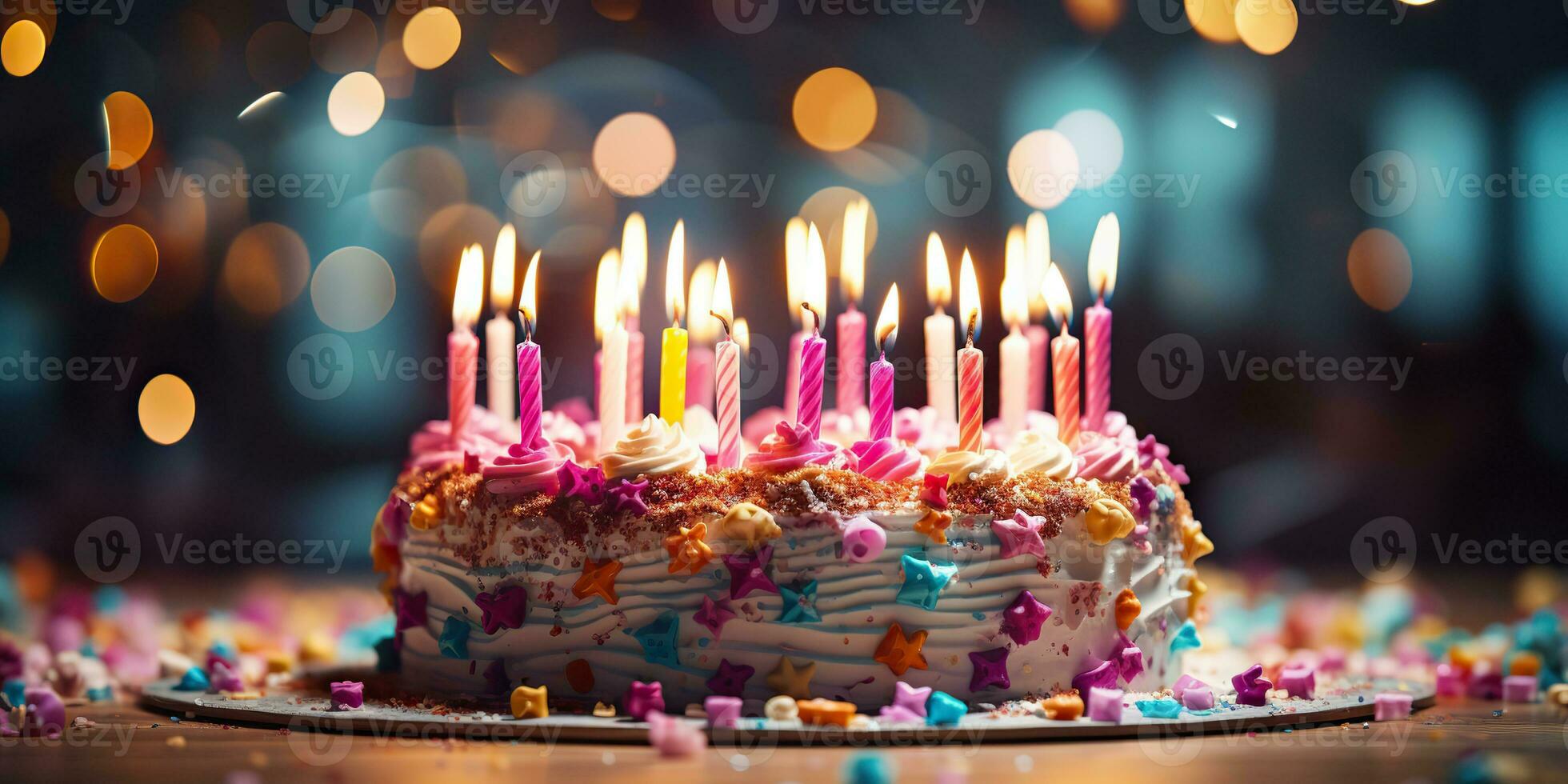 ai generado. ai generativo. cumpleaños fiesta pastel tarta mano hecho horneado dulce Desierto con muchos brillante velas contento divertido onda. gráfico Arte foto