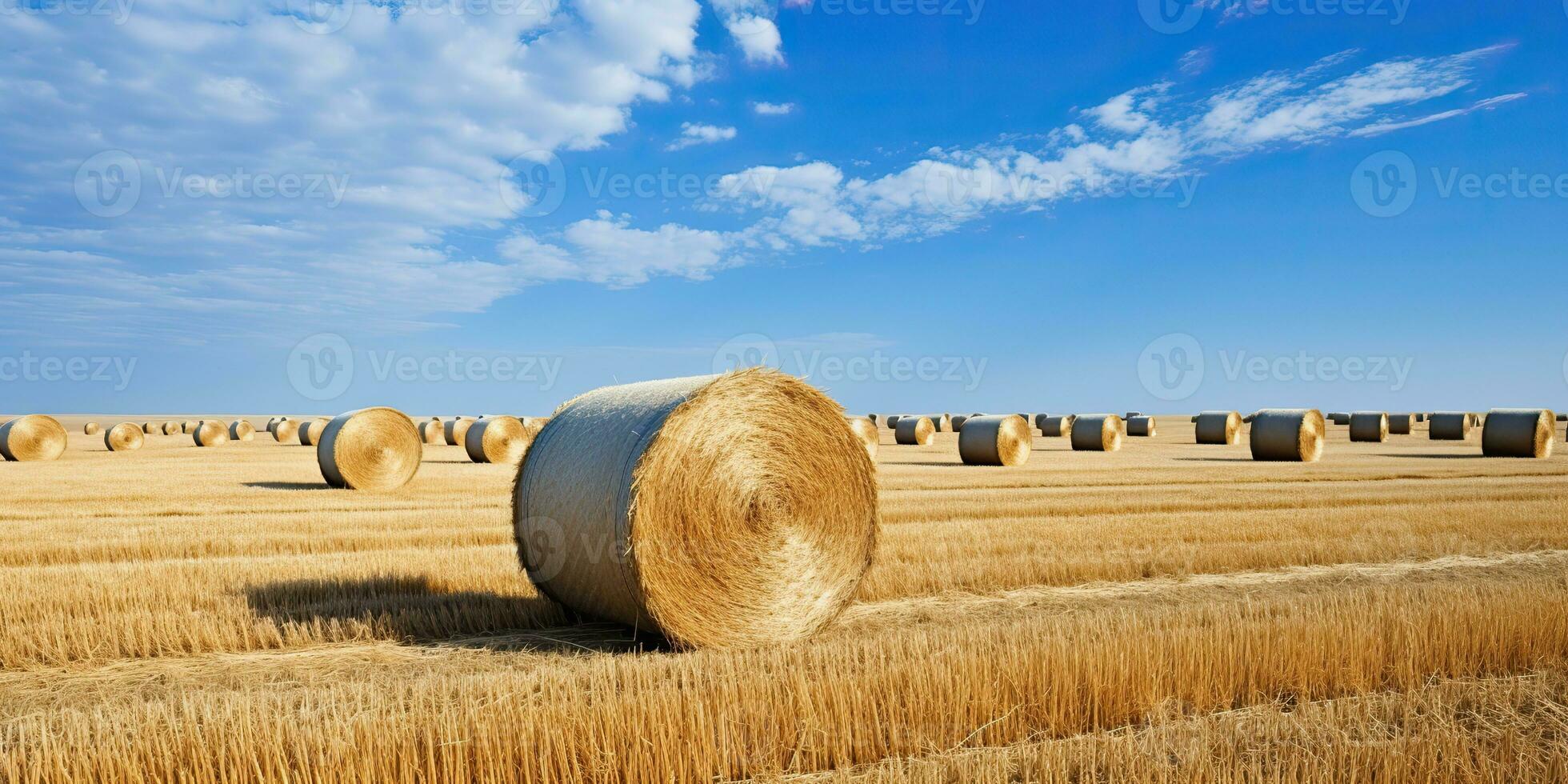 AI Generated. AI Generative. Autumn countryside harvest farming round bales stack. Outdoor nature landscape. Graphic Art photo