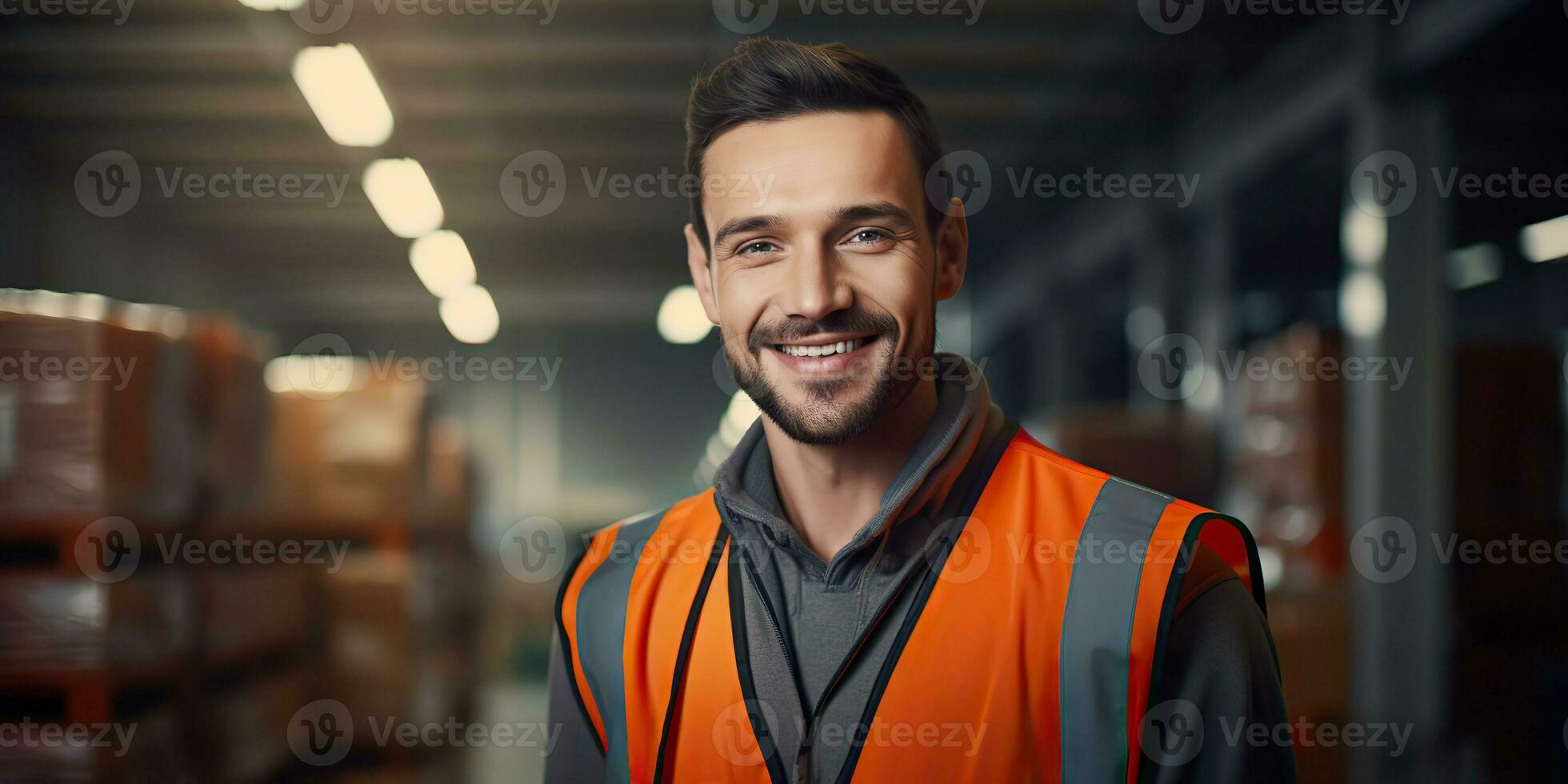 AI Generated. AI Generative. Warehouse stock house shipping delivery cargo logistic worker manager portrait background. Graphic Art photo