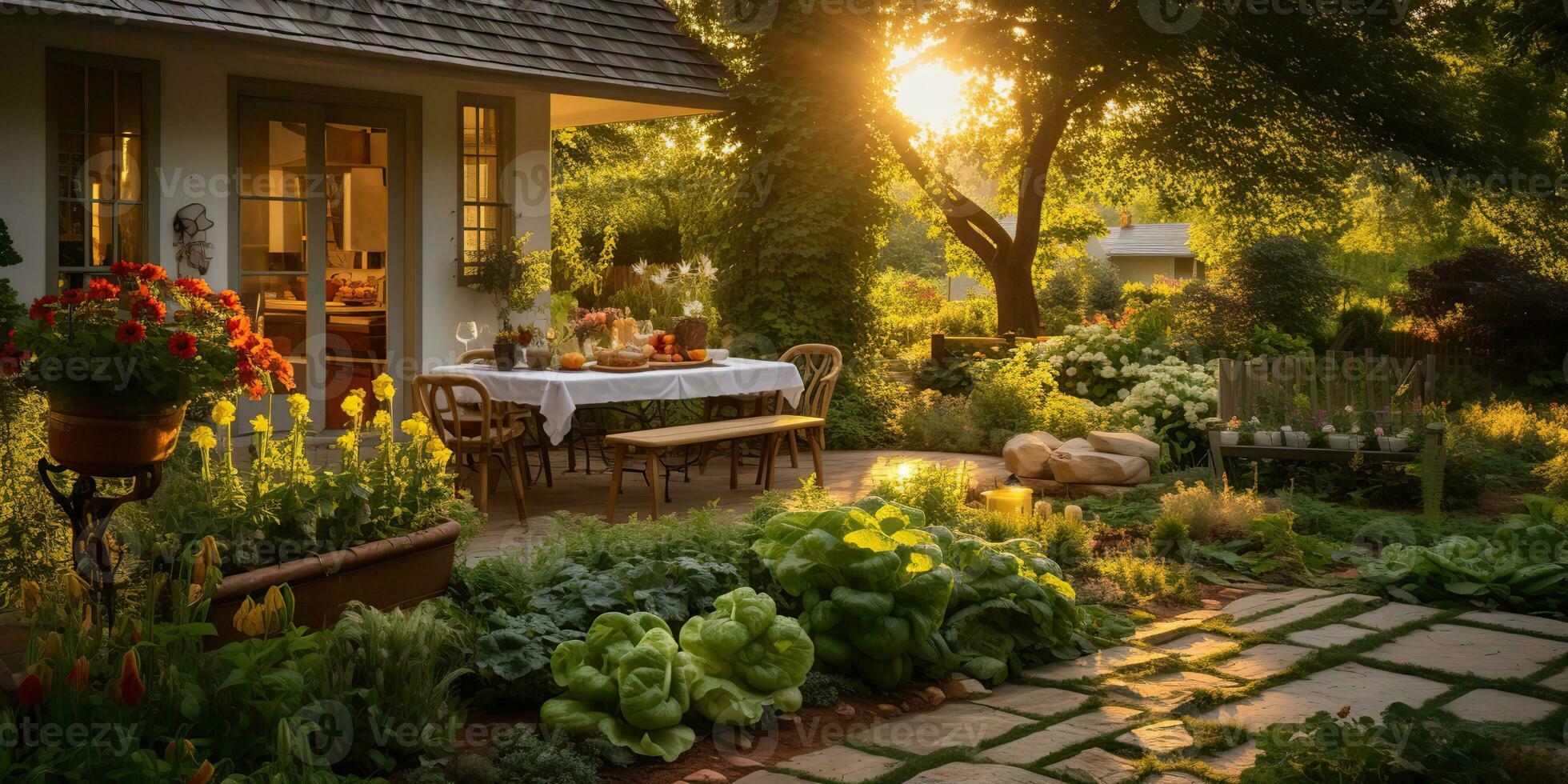 AI Generated. AI Generative. Nature outdoor exterior house garden with cozy table with many plants flowers. Graphic Art photo