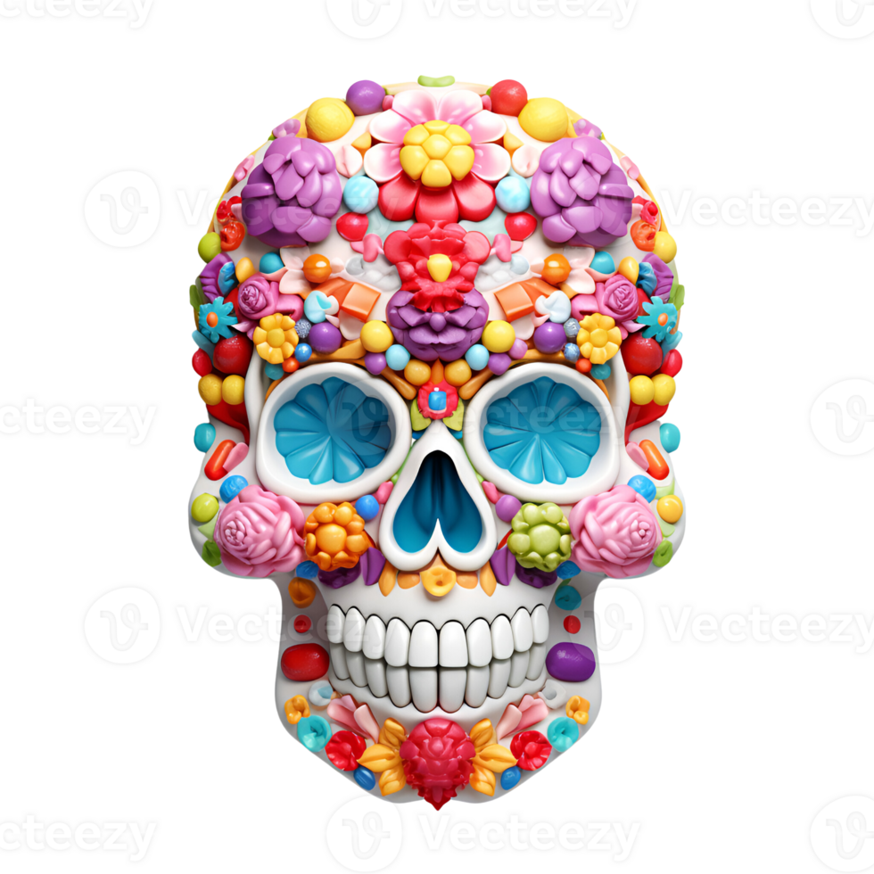 Realistic Style Day of the Dead Candy Skull No Background Transparent Background Perfect for print on demand AI Generative png