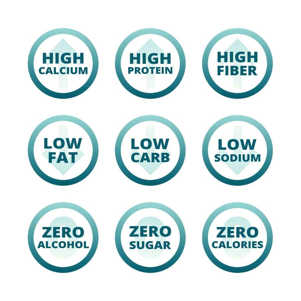 High calcium, fiber and protein labels. Low fat, zero sugar and low sodium vector label set.
