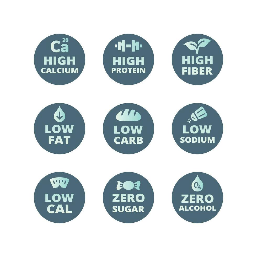 High calcium, fiber and protein labels. Low calories, zero sugar and low sodium vector label set.