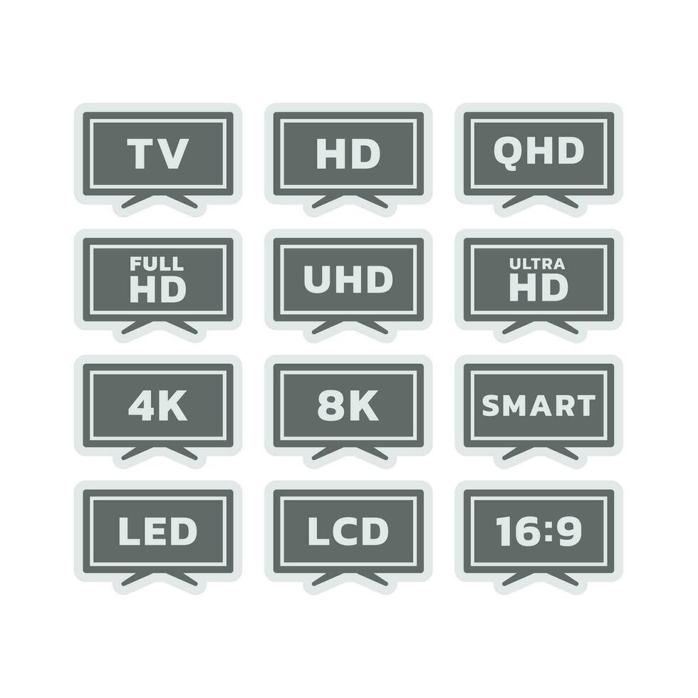 inteligente televisión y 8k vector etiquetas. ultra alta definición, 4k resolución y LED monitor televisión icono colocar.