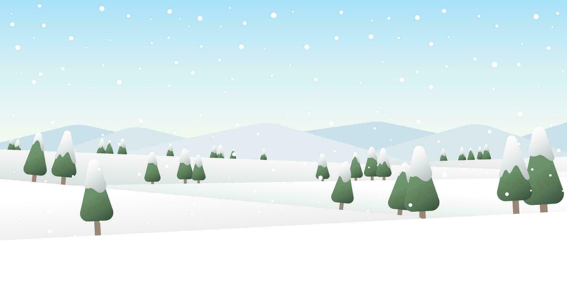 invierno montañas paisaje con pinos y colinas vector ilustración. alegre Navidad y contento nuevo año saludo tarjeta modelo.