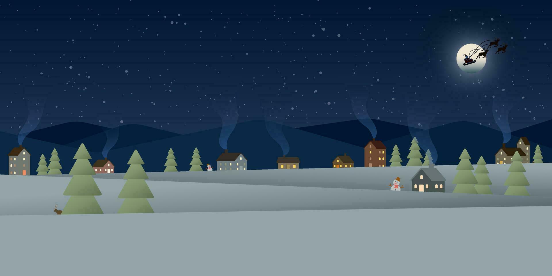 Christmas night with log cabin and pines forest in snowland flat design vector illustration. Christmas greeting card template.