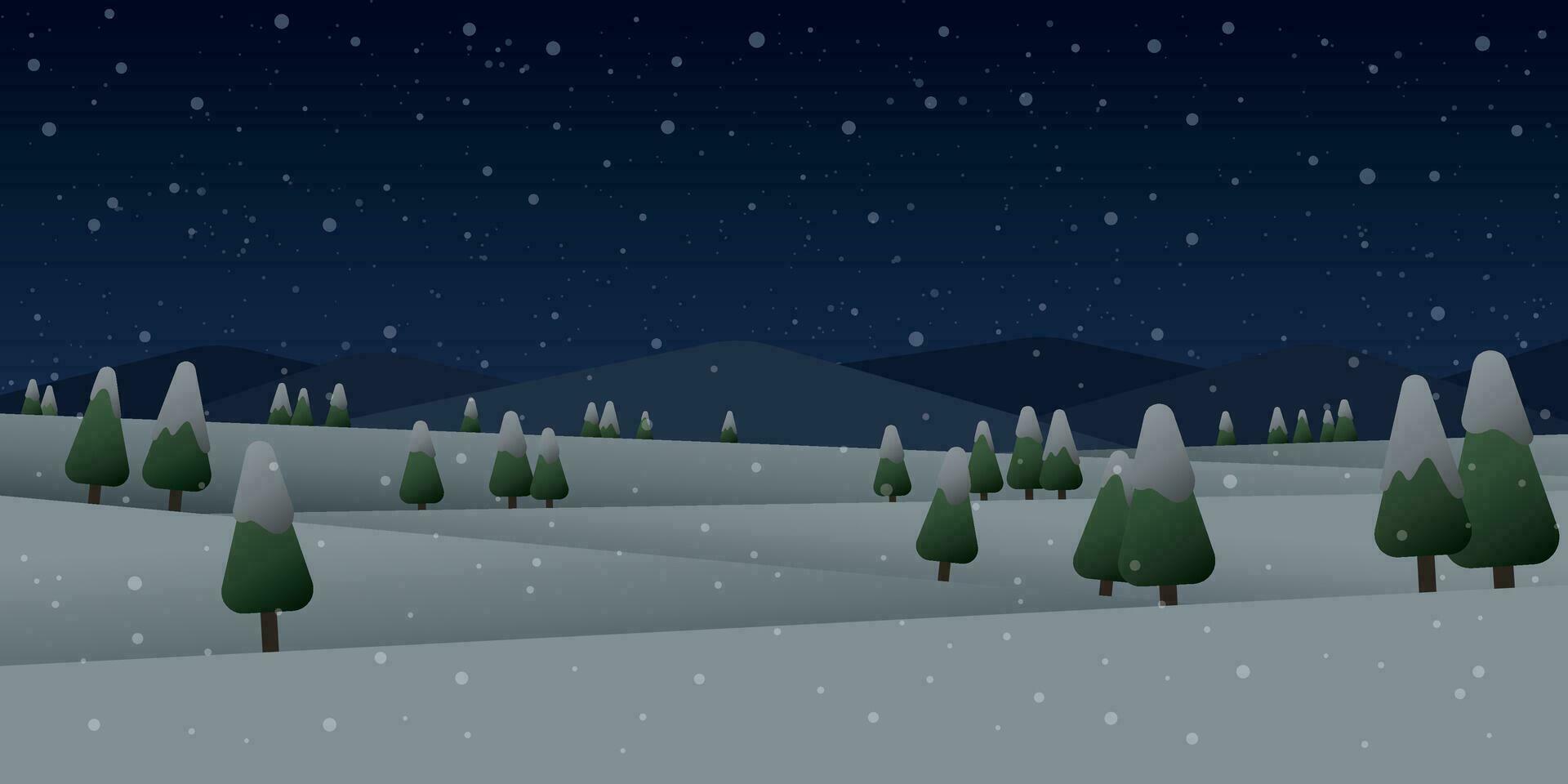 Winter mountains landscape with pines and hills at night vector illustration. Merry Christmas and Happy New Year greeting card template.