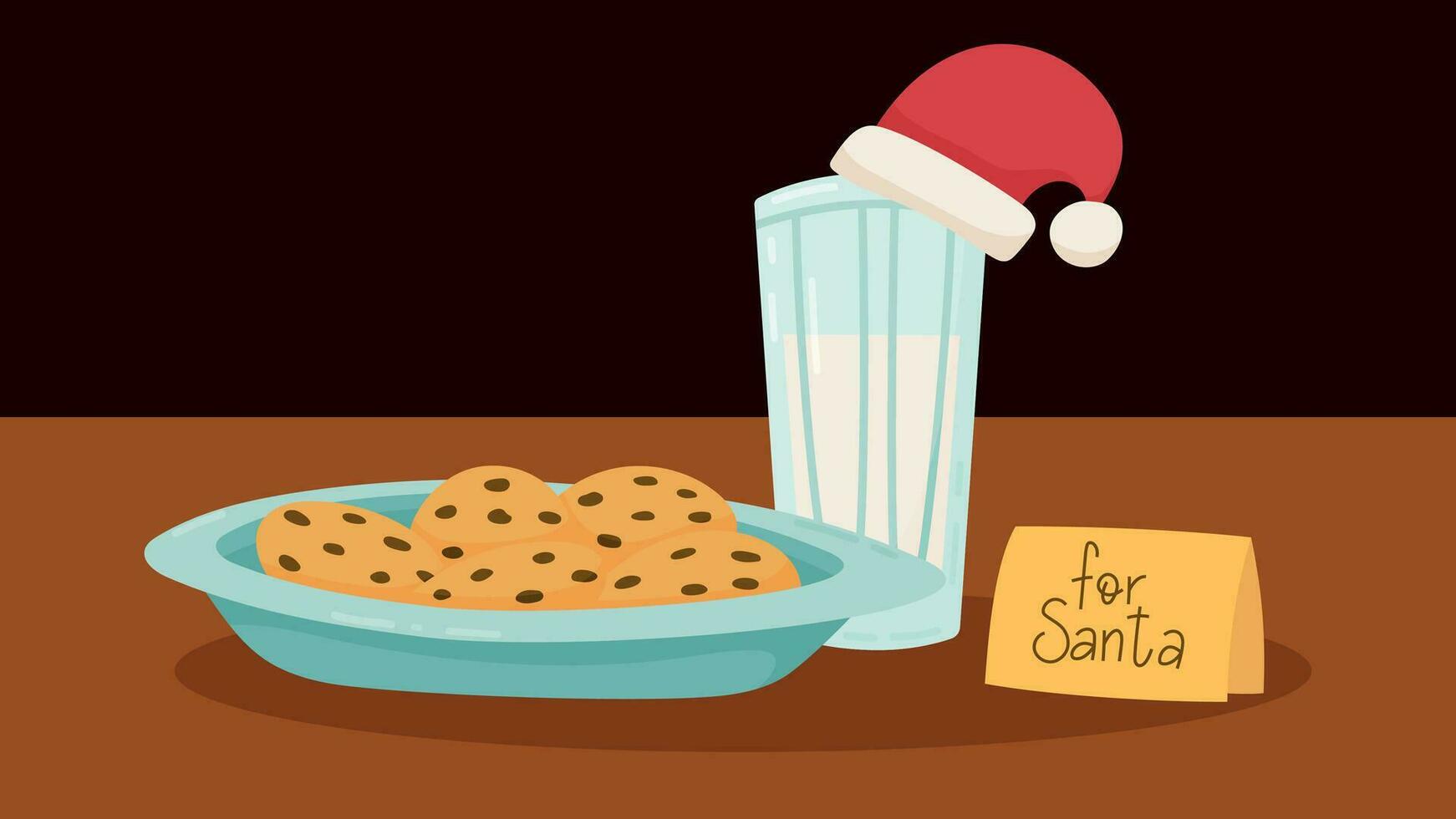 Cookies and milk for Santa Claus. Treats for Santa - glass of milk with Christmas hat, plate with chocolate biscuits and note card on table vector