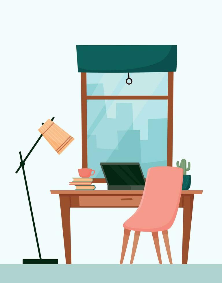 Cozy workspace interior. Workplace with desk, chair, laptop, window, lamp, books. Home office furniture vector