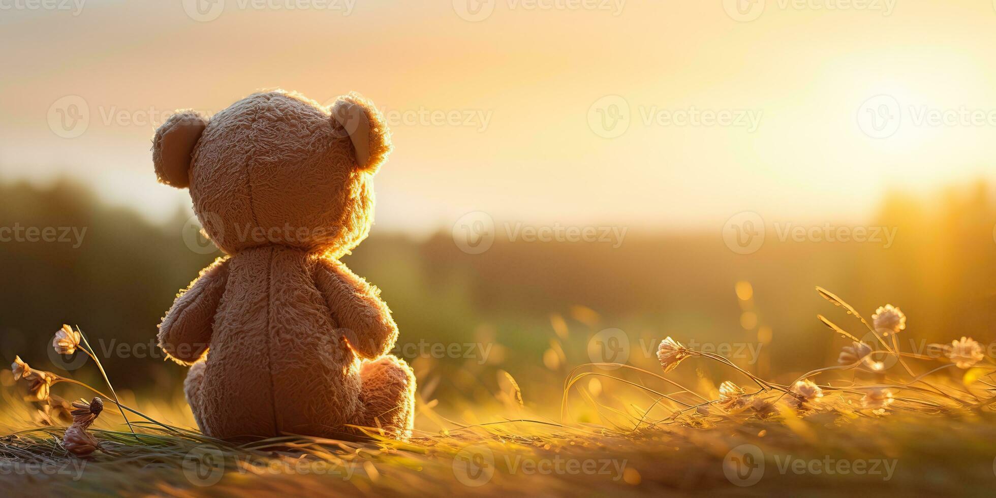 AI Generated. AI Generative. Alone missing one toy doll little bear sitting looking on sunset background landscape outdoor. Graphic Art photo