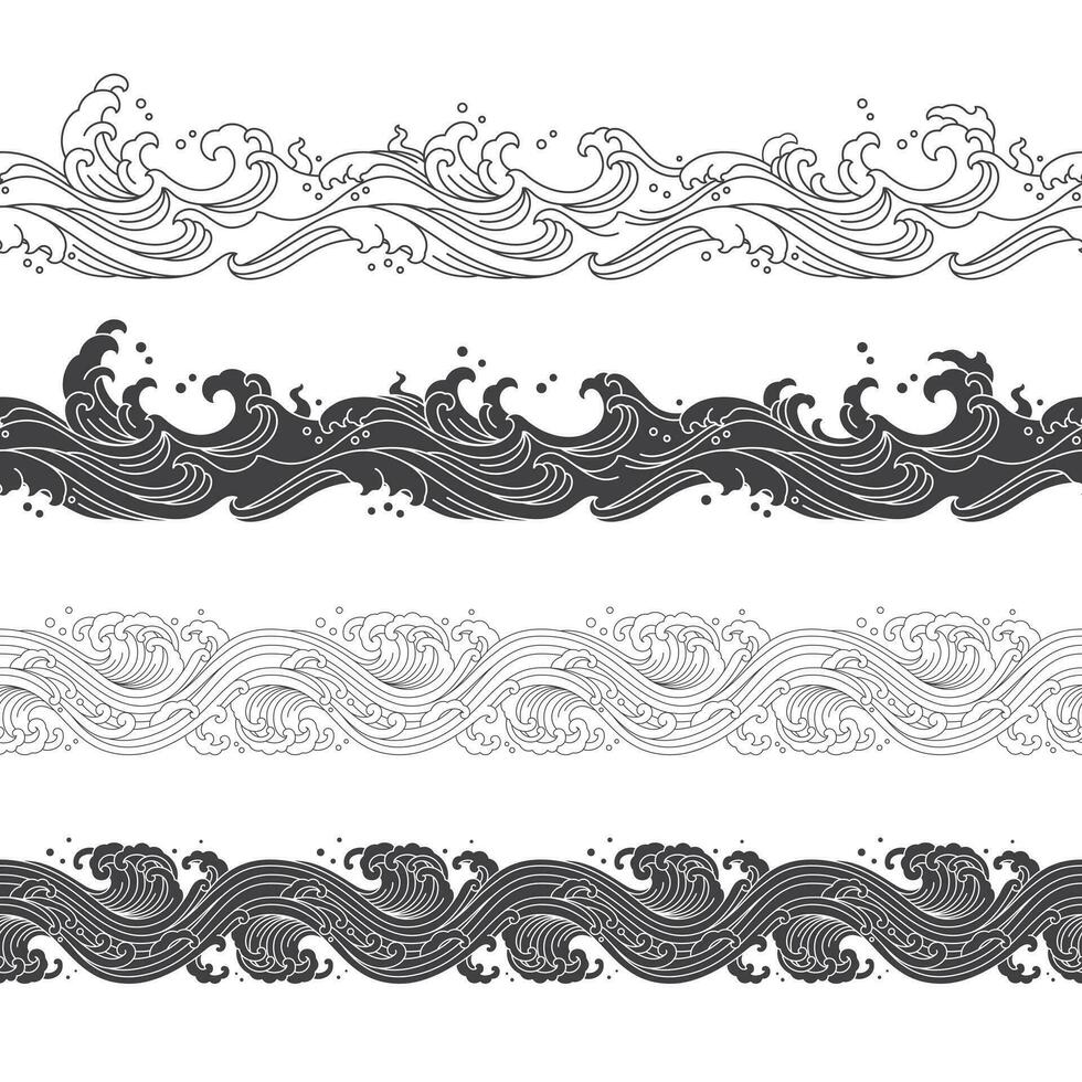 water wave ripple shape oriental utline and silhouette retro ornament seamless pattern set vector