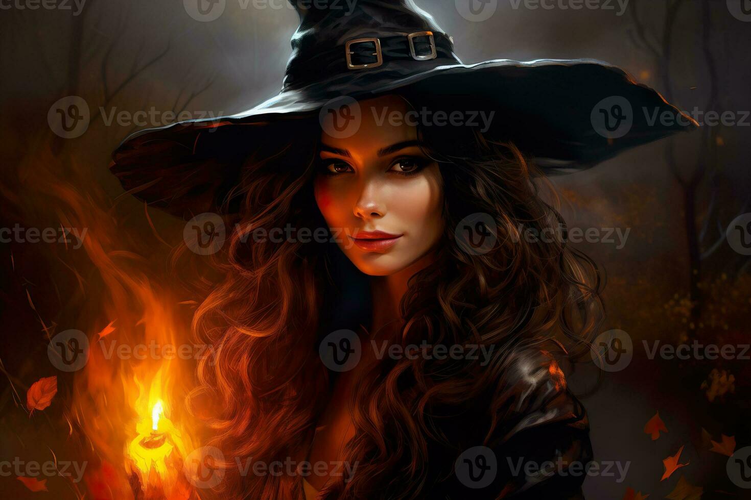 Beautiful witch portrait. Close uo view. Happy Halloween. Young, mystical woman. Trick or treat. Generative AI. photo