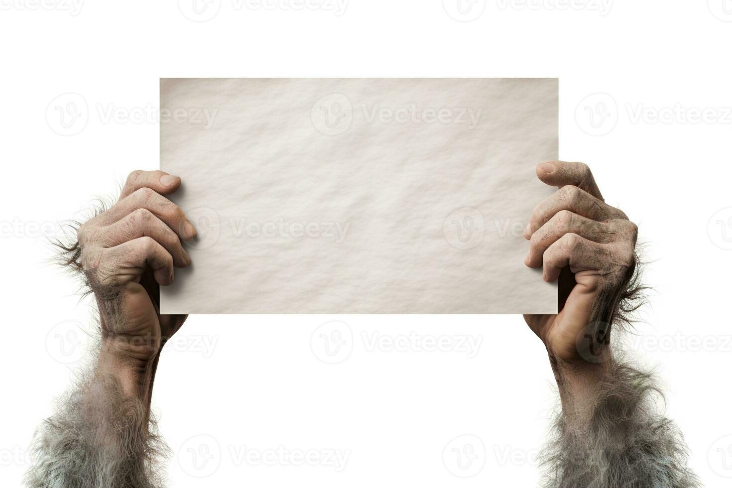 Monster's or witch's hands holding blank old paper, isolated on white background. Copy space for your text. Halloween background with empty space. Happy Halloween. Generative AI. photo